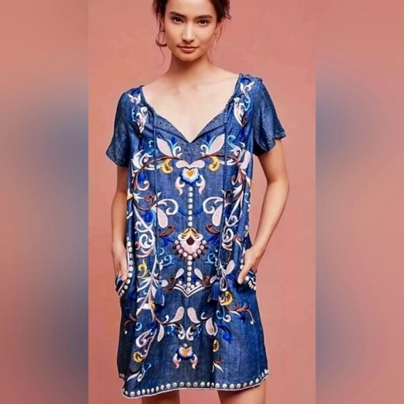Anthropologie Dresses & Skirts - Anthropologie Nalini Embroidered Boho Chambray Festival Folk Dress XS
